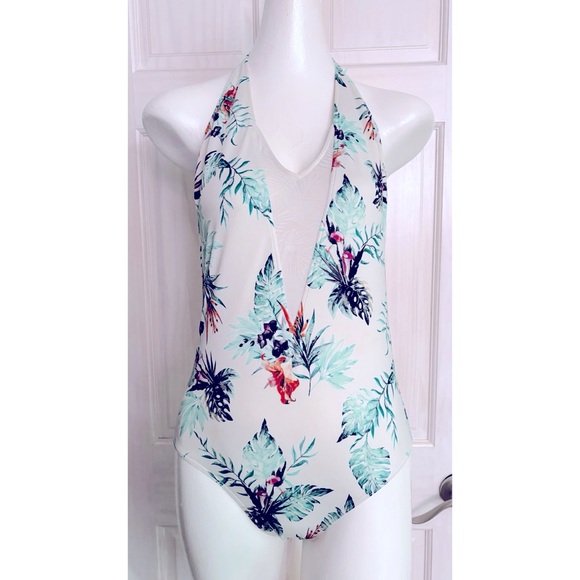 Moving Sale! EUC Roxy Shady Palm V Neck Swimsuit Halter Style Mesh Insert Medium - Picture 3 of 9